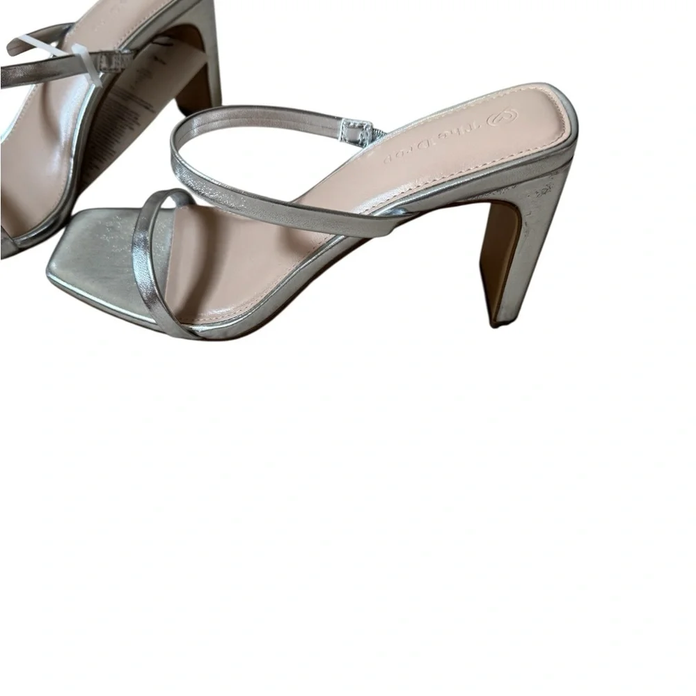 The Drop Avery Silver Strappy Square Toe to Strap High Heeled Sandals - Picture 2 of 5